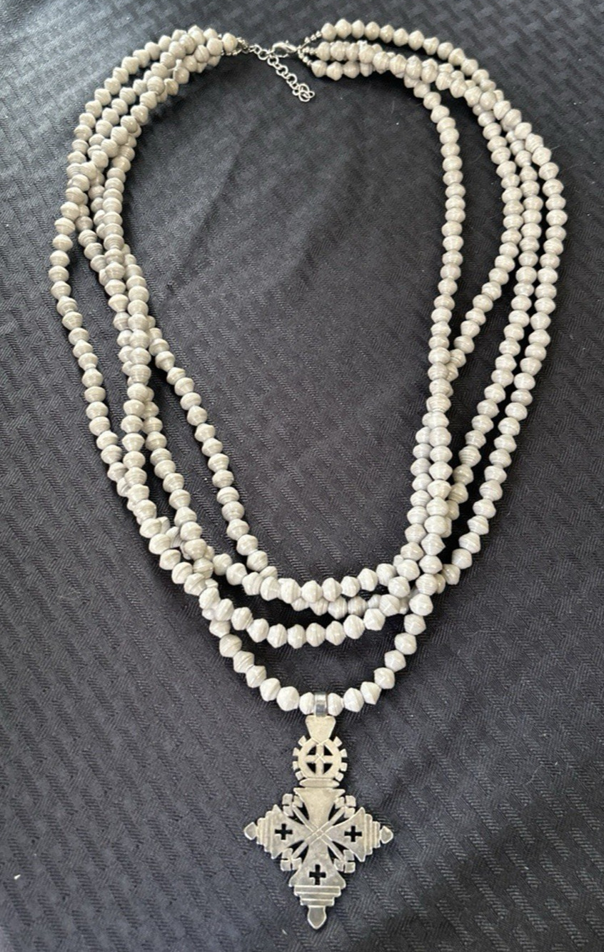 Akola Boho Necklace Multi Strand Chunky Statement Cross Pendant Gray BIG LONG